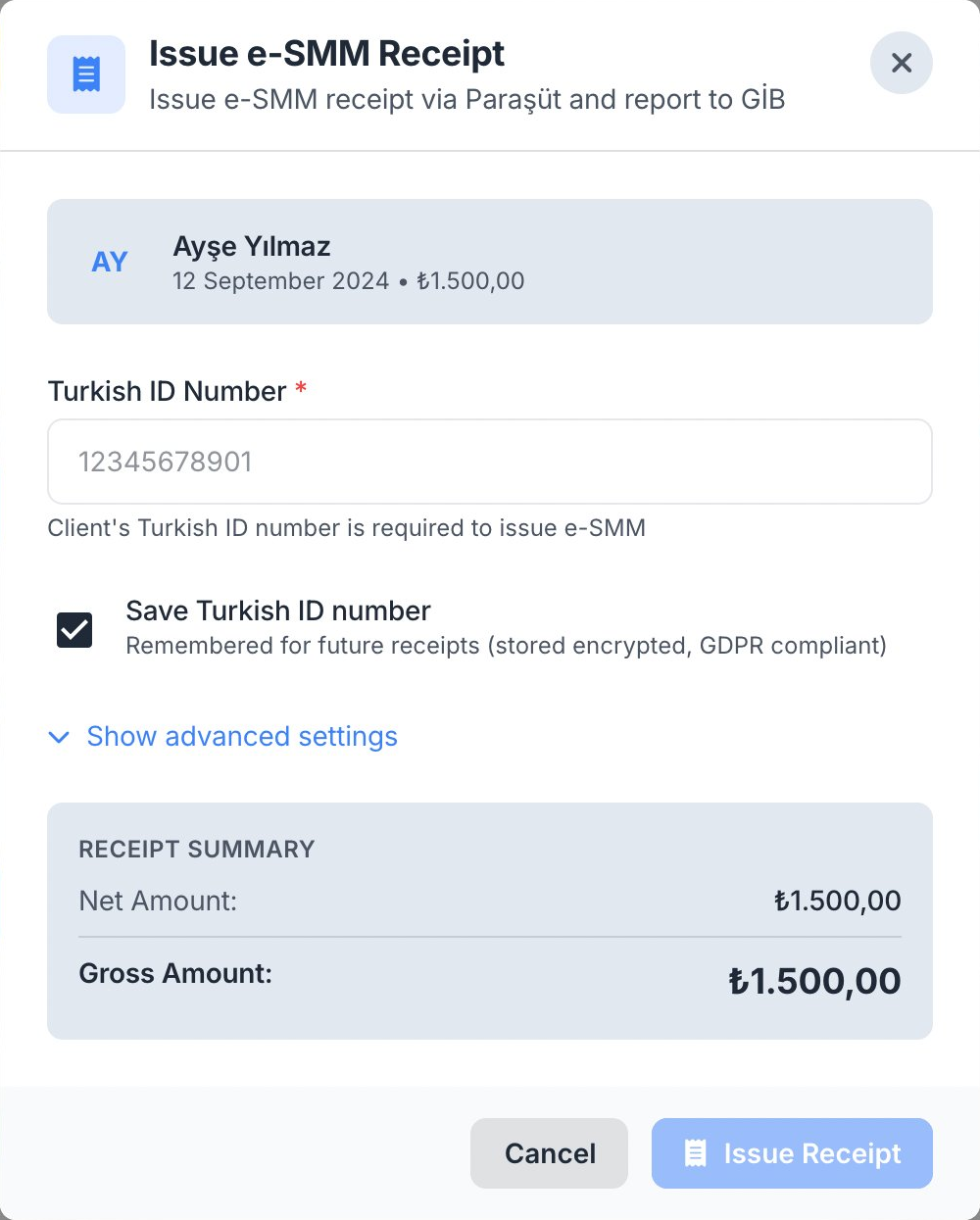 e-SMM kesme modalı — TC Kimlik ve tutar özeti