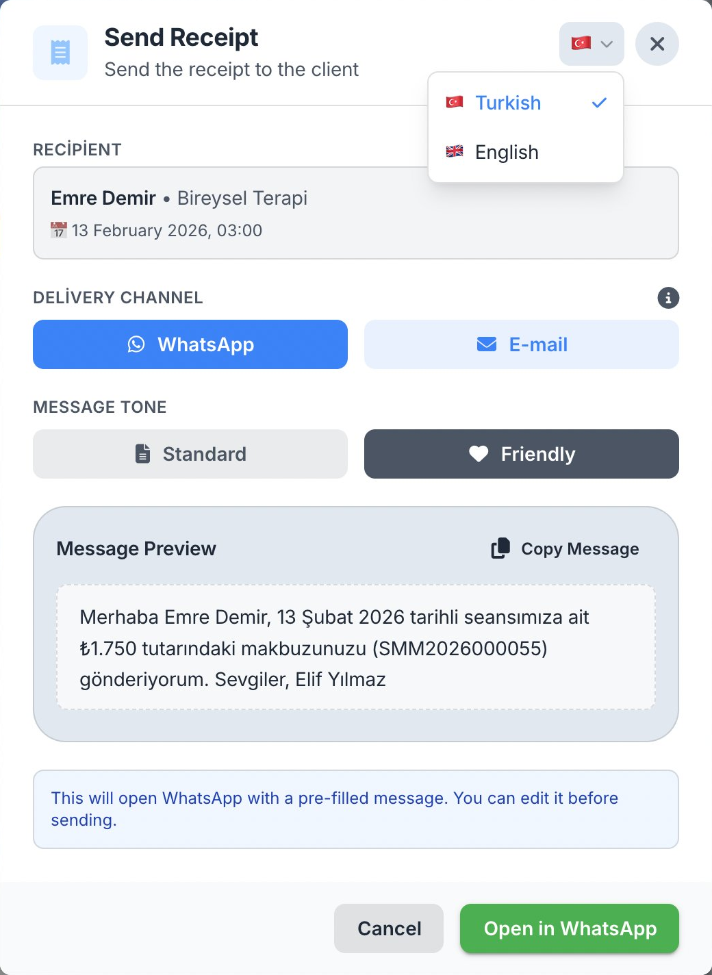 Makbuz gönderme modalı — WhatsApp ile danışana gönderim