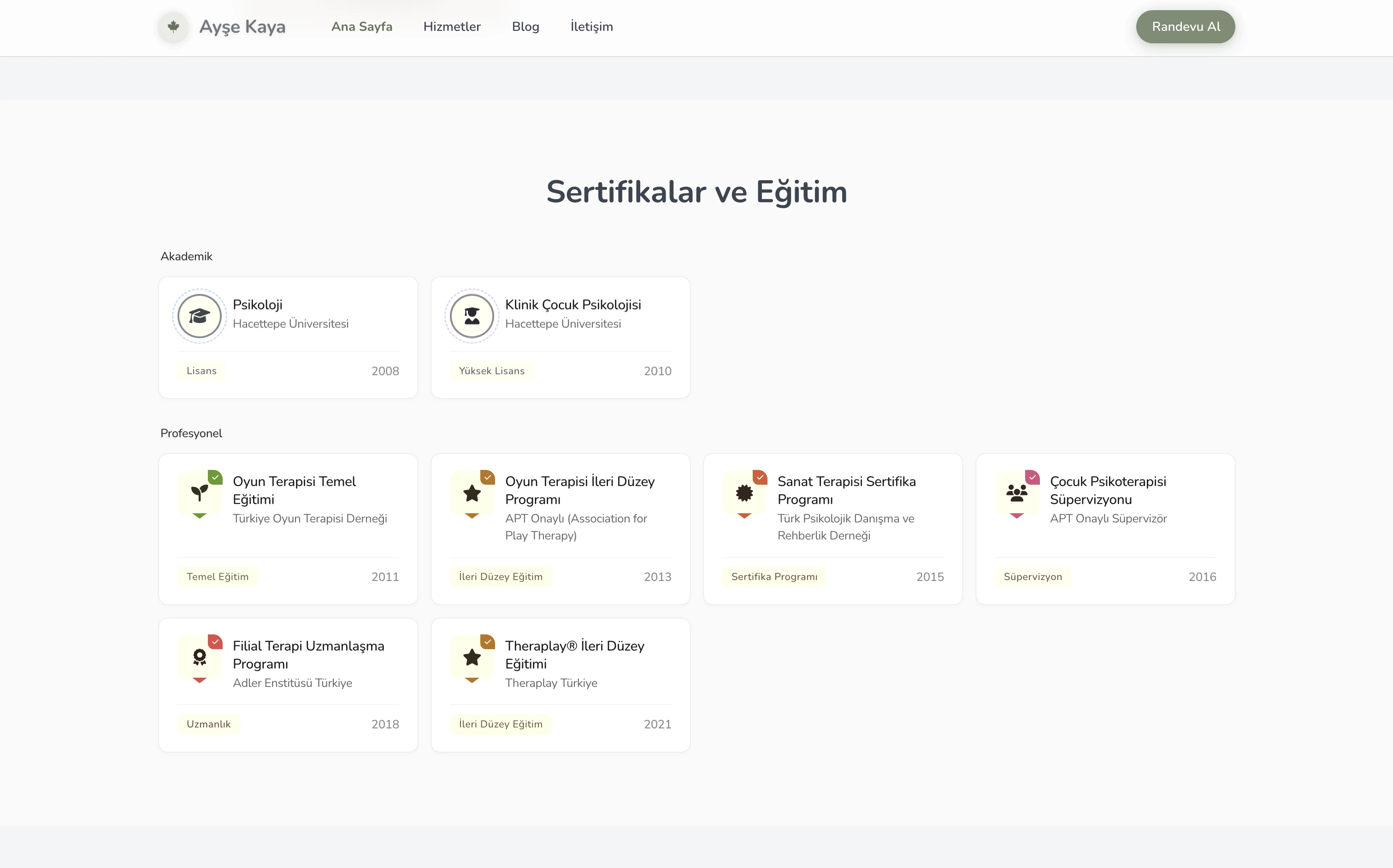 Ayşe terapist web sitesi — Sıcak stilde Akademik Geçmiş bölümü örneği