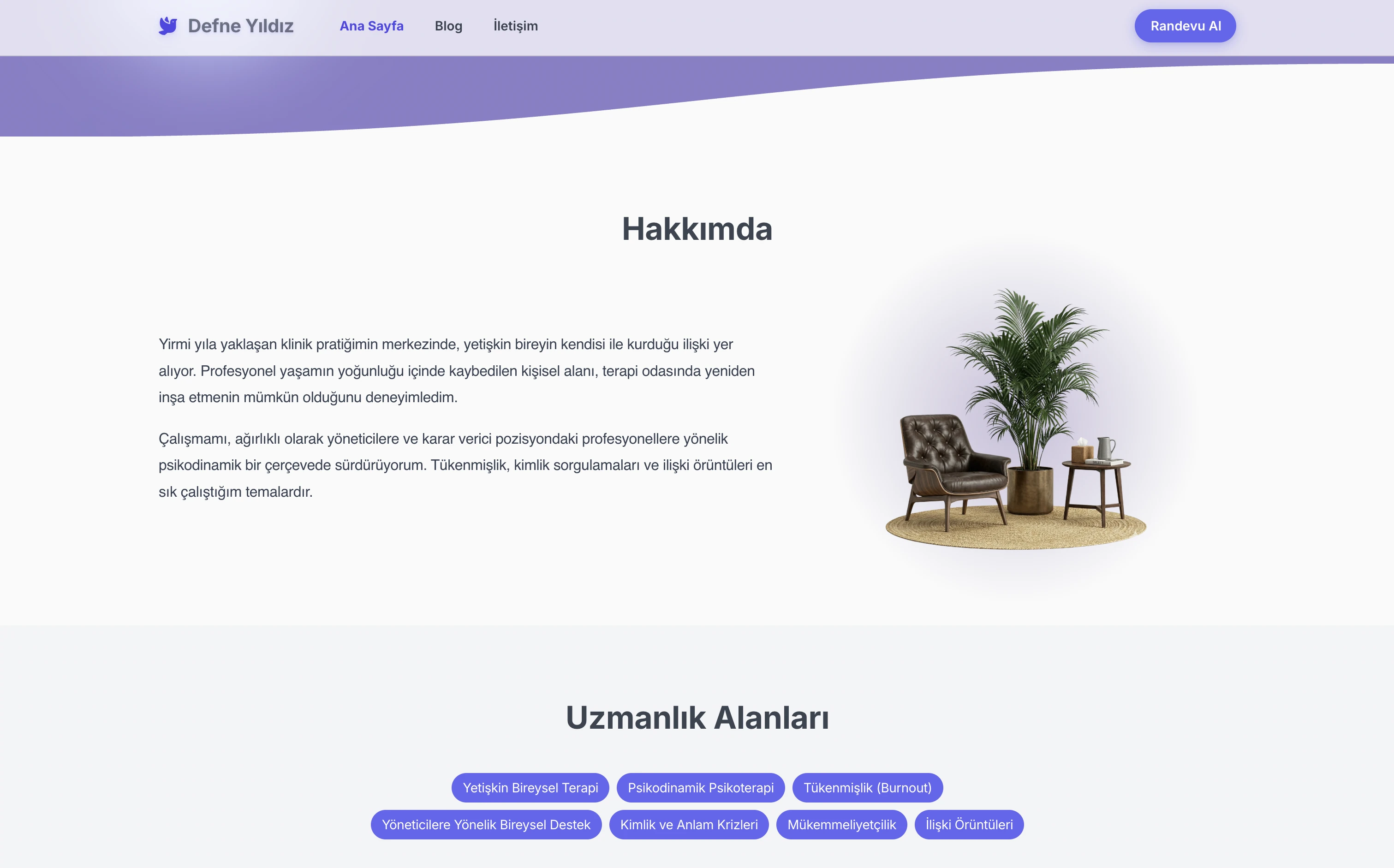 Defne terapist web sitesi — Premium stilde Tanışma bölümü örneği