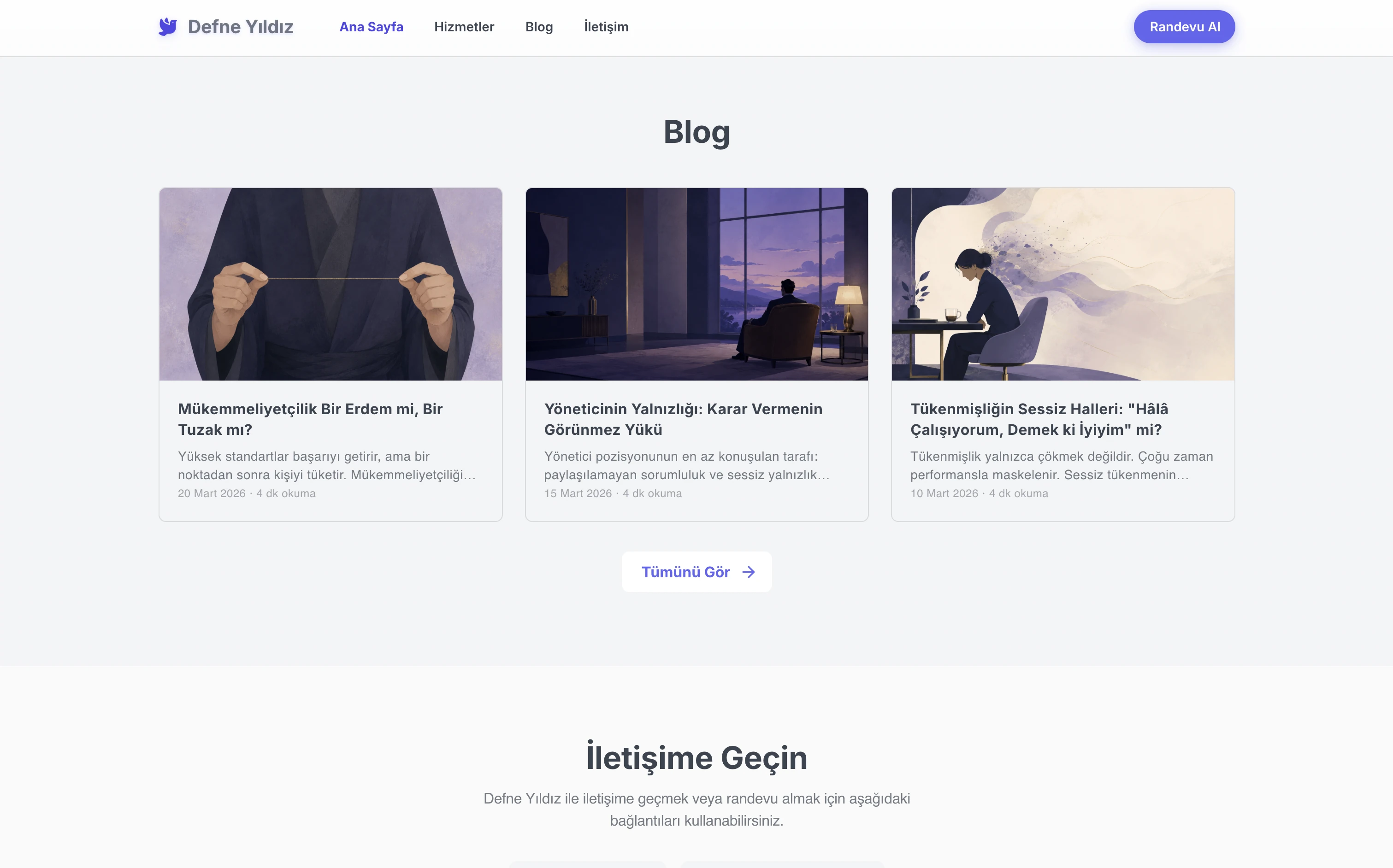 Defne terapist web sitesi — Premium stilde İçerik Otoritesi bölümü örneği