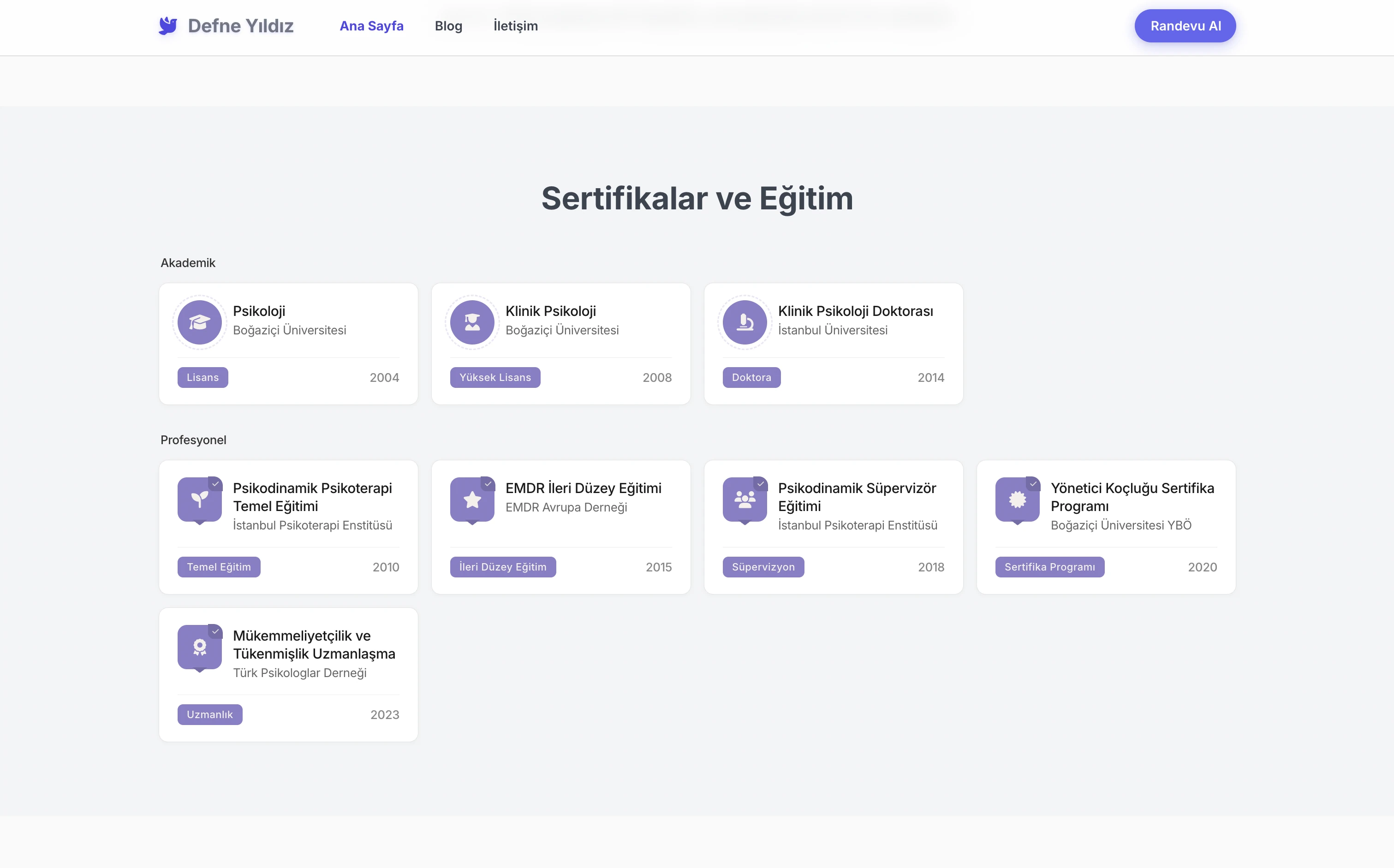 Defne terapist web sitesi — Premium stilde Akademik Geçmiş bölümü örneği
