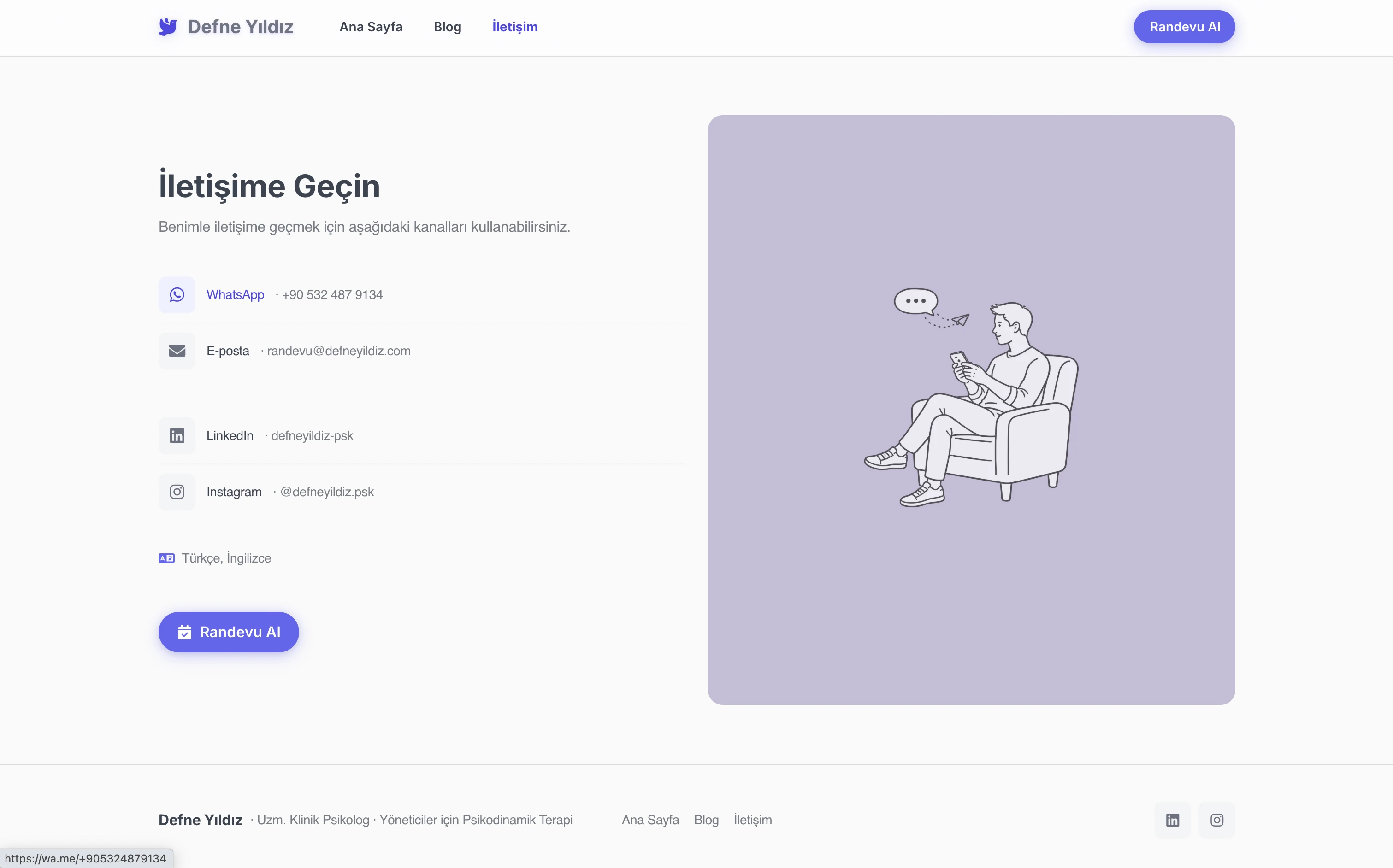 Defne terapist web sitesi — Premium stilde İletişim Kanalları bölümü örneği