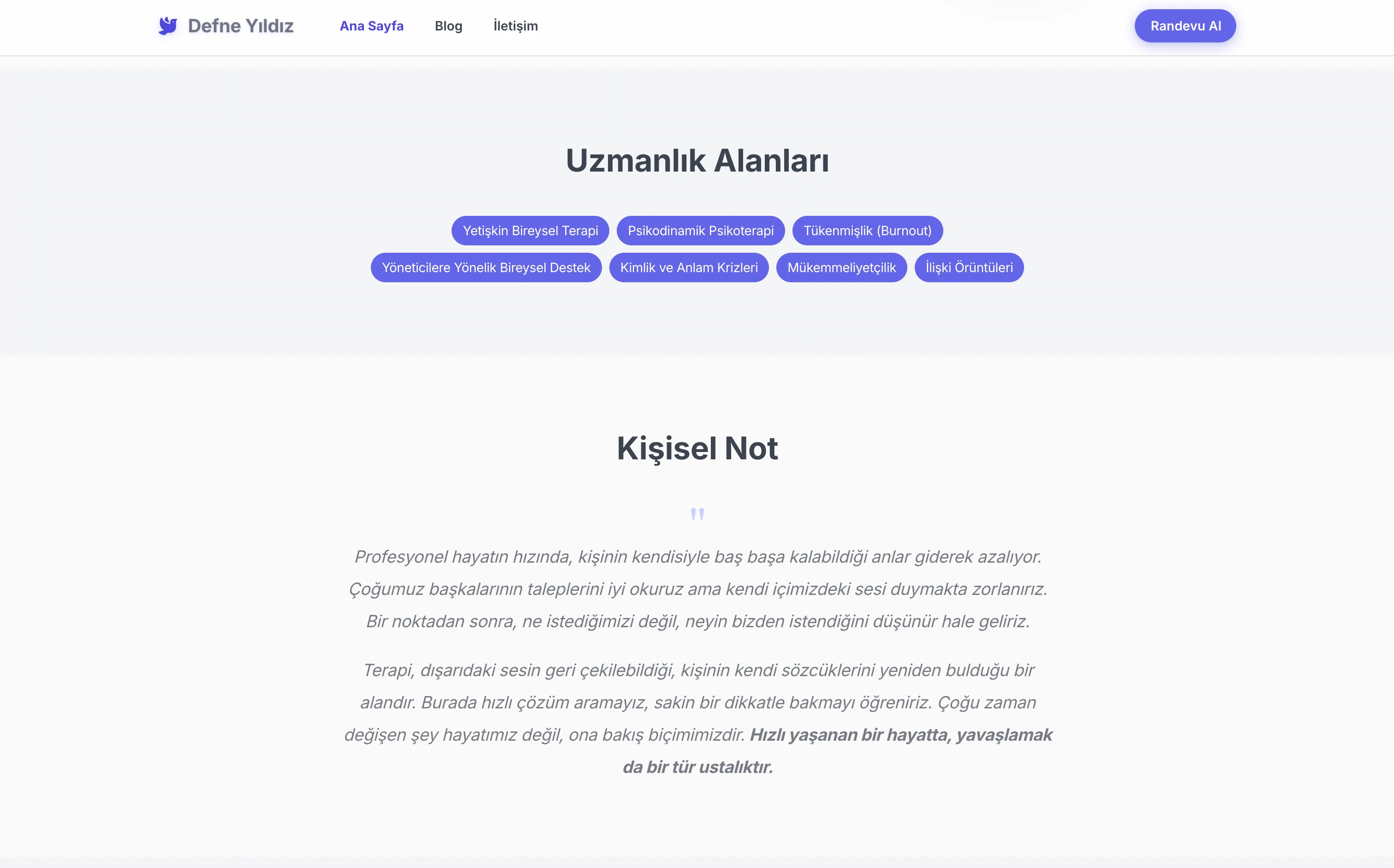 Defne terapist web sitesi — Premium stilde Kişisel Davet bölümü örneği
