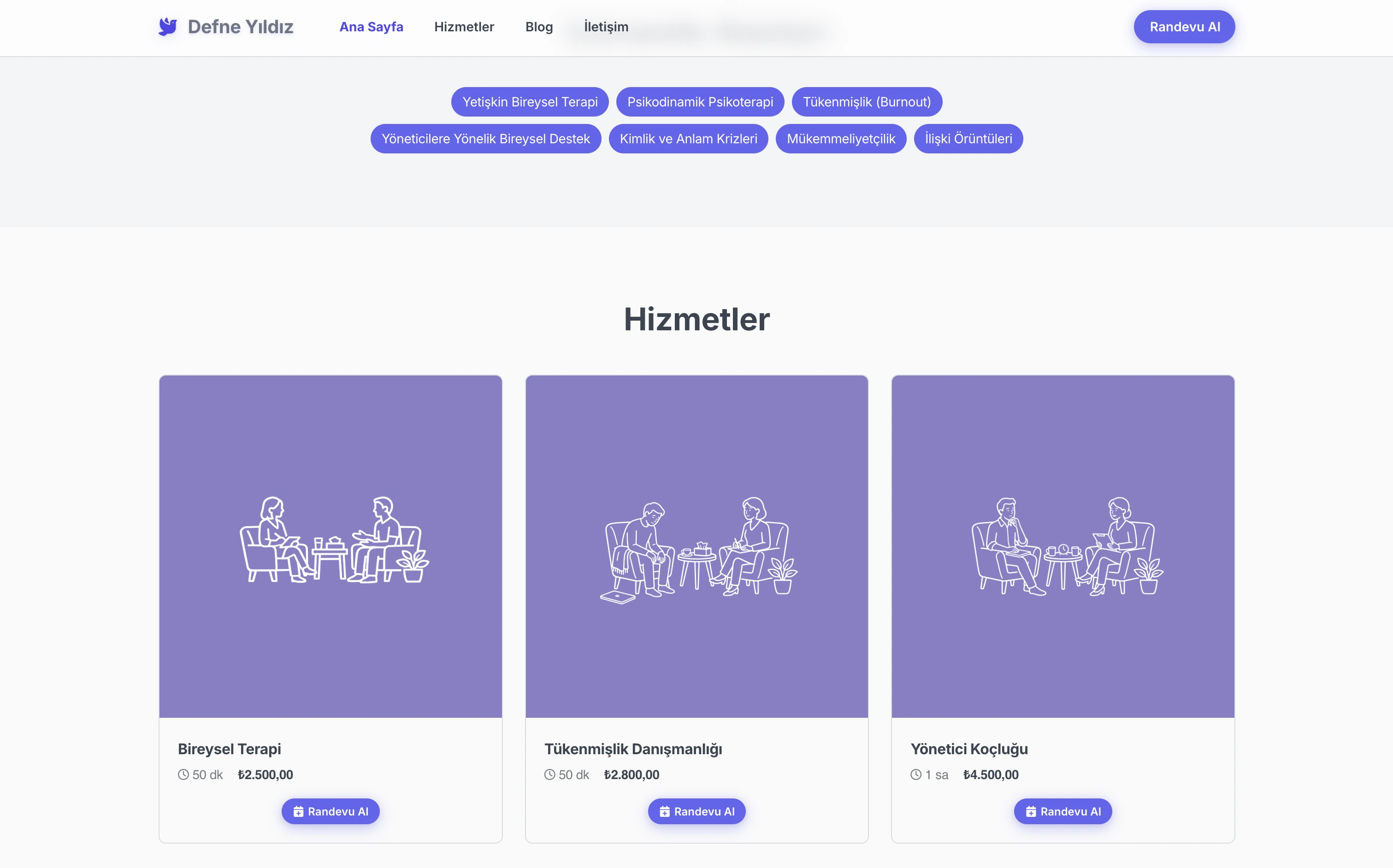 Defne terapist web sitesi — Premium stilde Hizmet Vitrini bölümü örneği