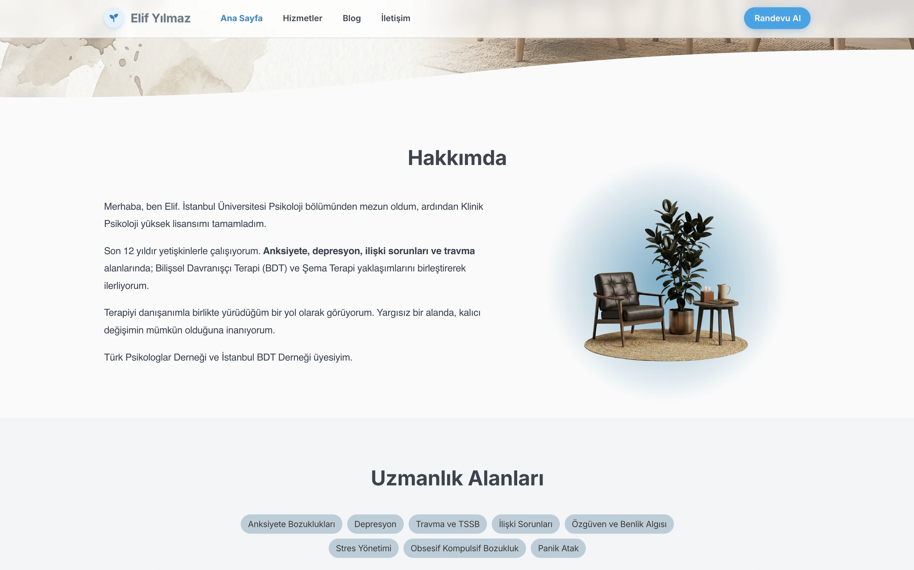 Elif terapist web sitesi — Modern stilde Tanışma bölümü örneği