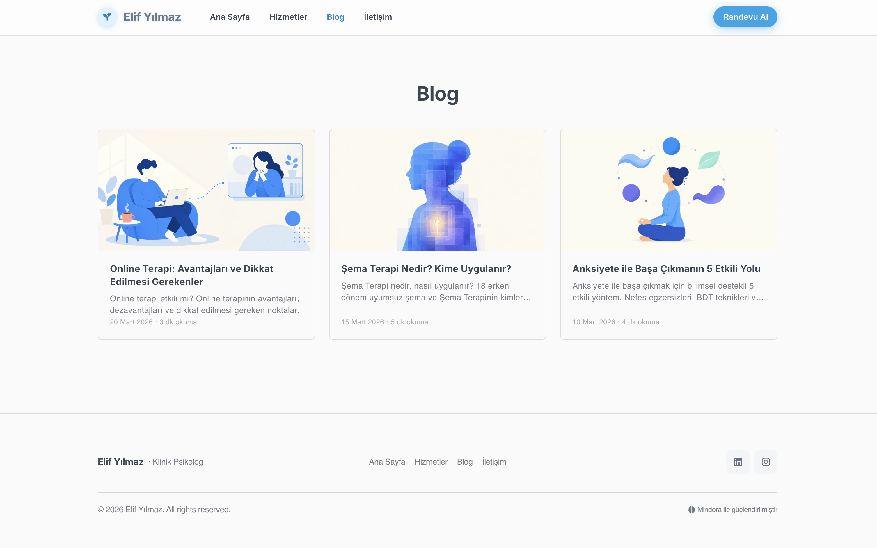 Elif terapist web sitesi — Modern stilde İçerik Otoritesi bölümü örneği