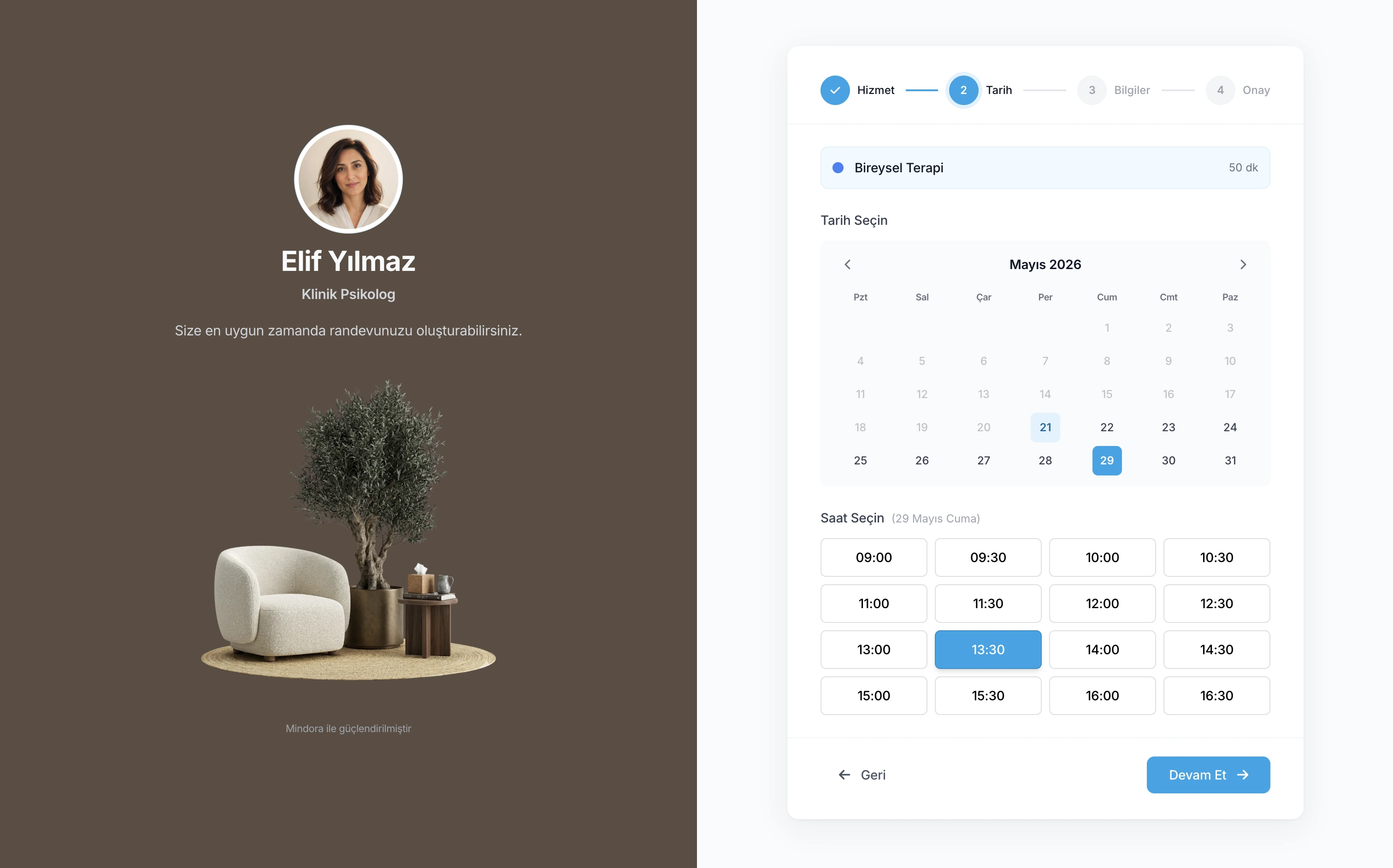 Elif terapist web sitesi — Modern stilde Randevu Akışı bölümü örneği