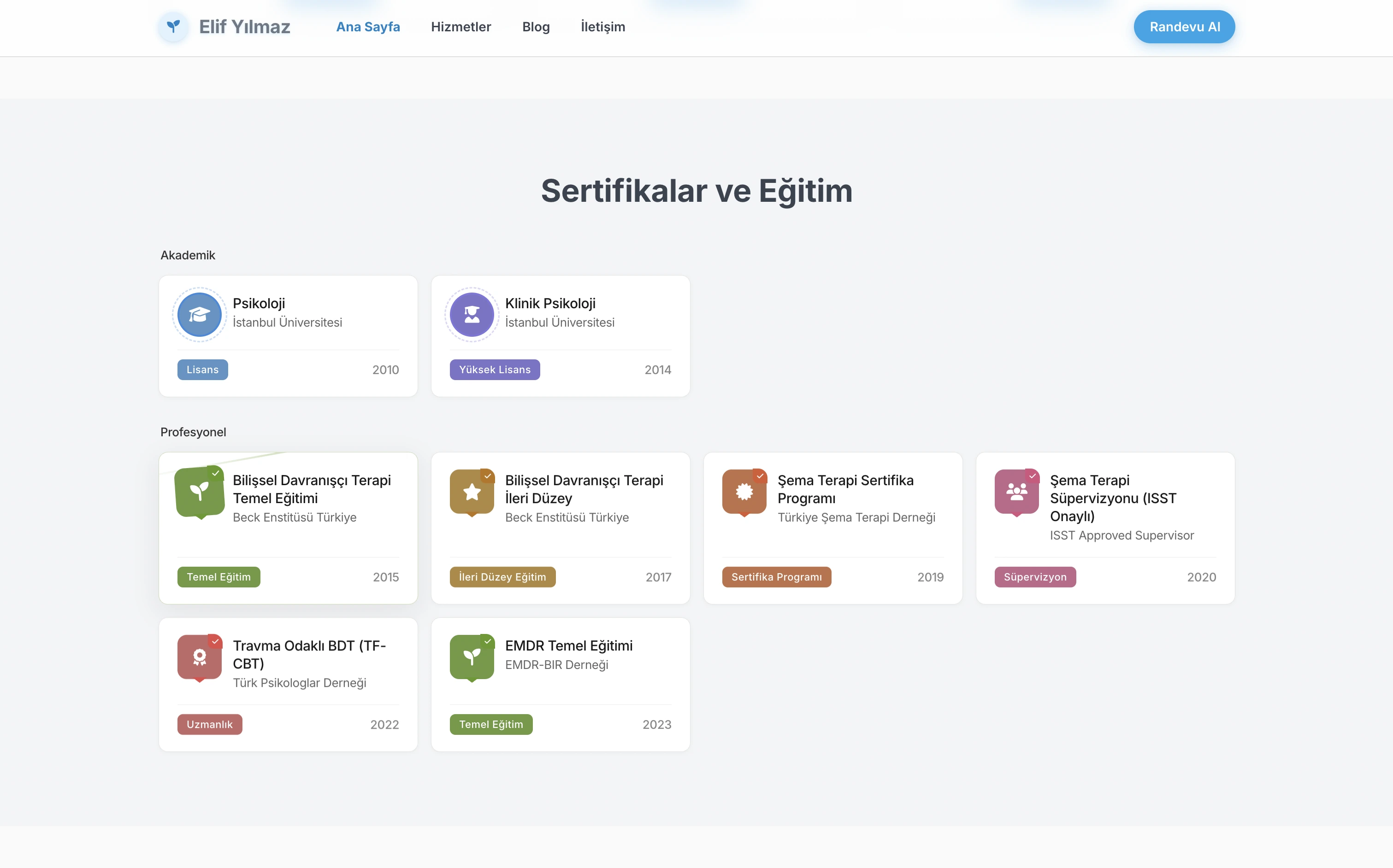 Elif terapist web sitesi — Modern stilde Akademik Geçmiş bölümü örneği