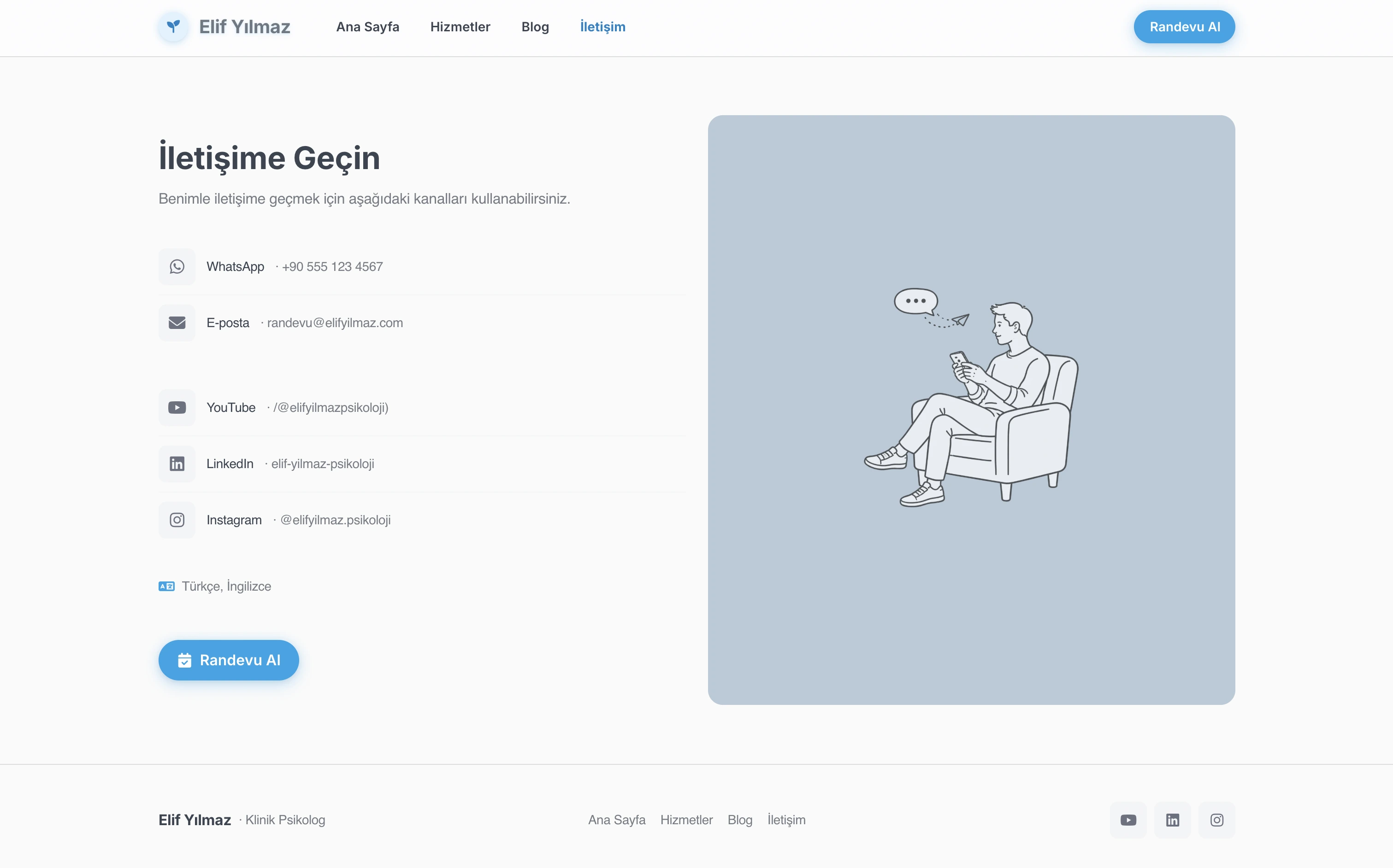 Elif terapist web sitesi — Modern stilde İletişim Kanalları bölümü örneği
