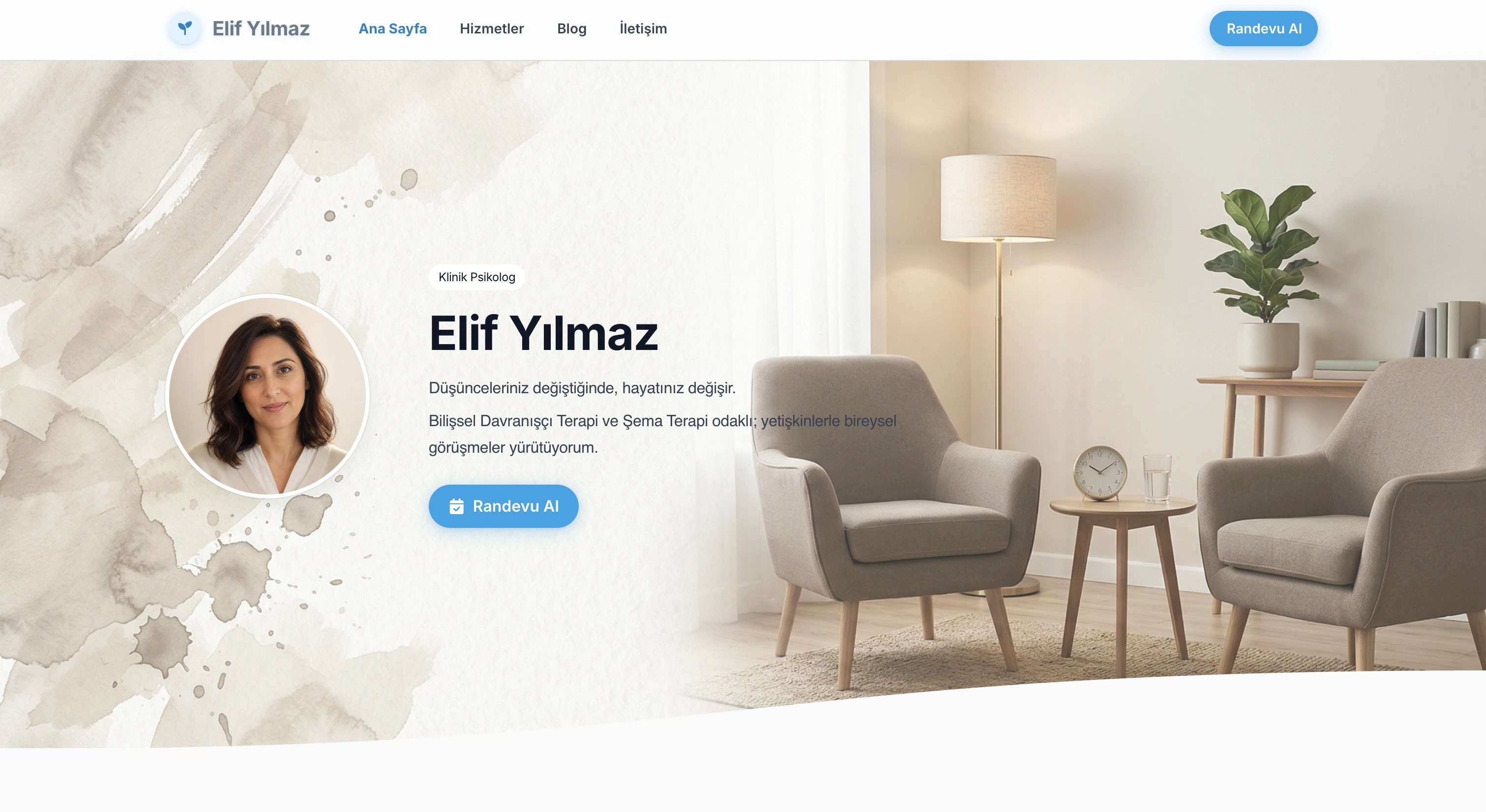 Elif terapist için Modern stilde web sitesi hero örneği