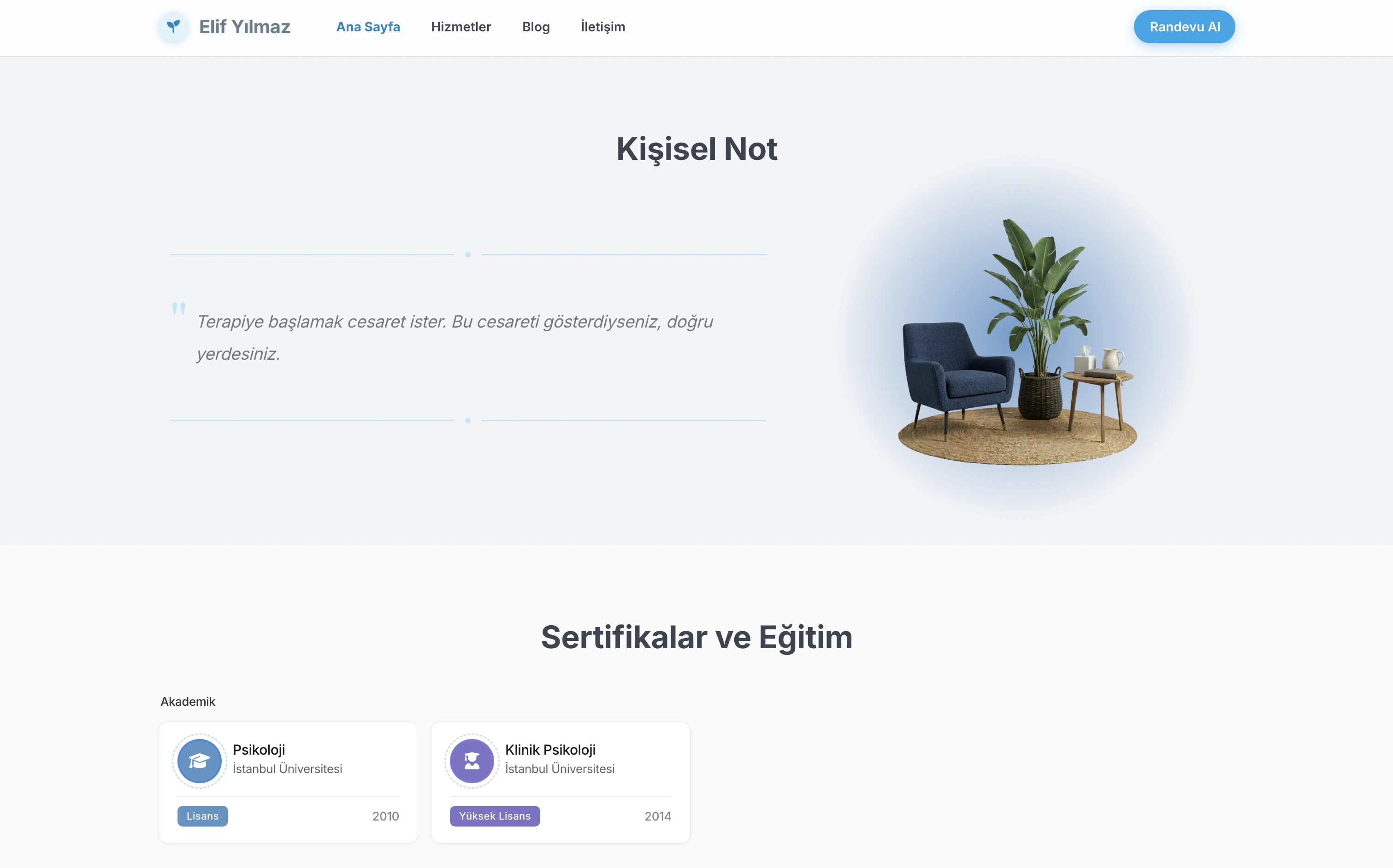 Elif terapist web sitesi — Modern stilde Kişisel Davet bölümü örneği