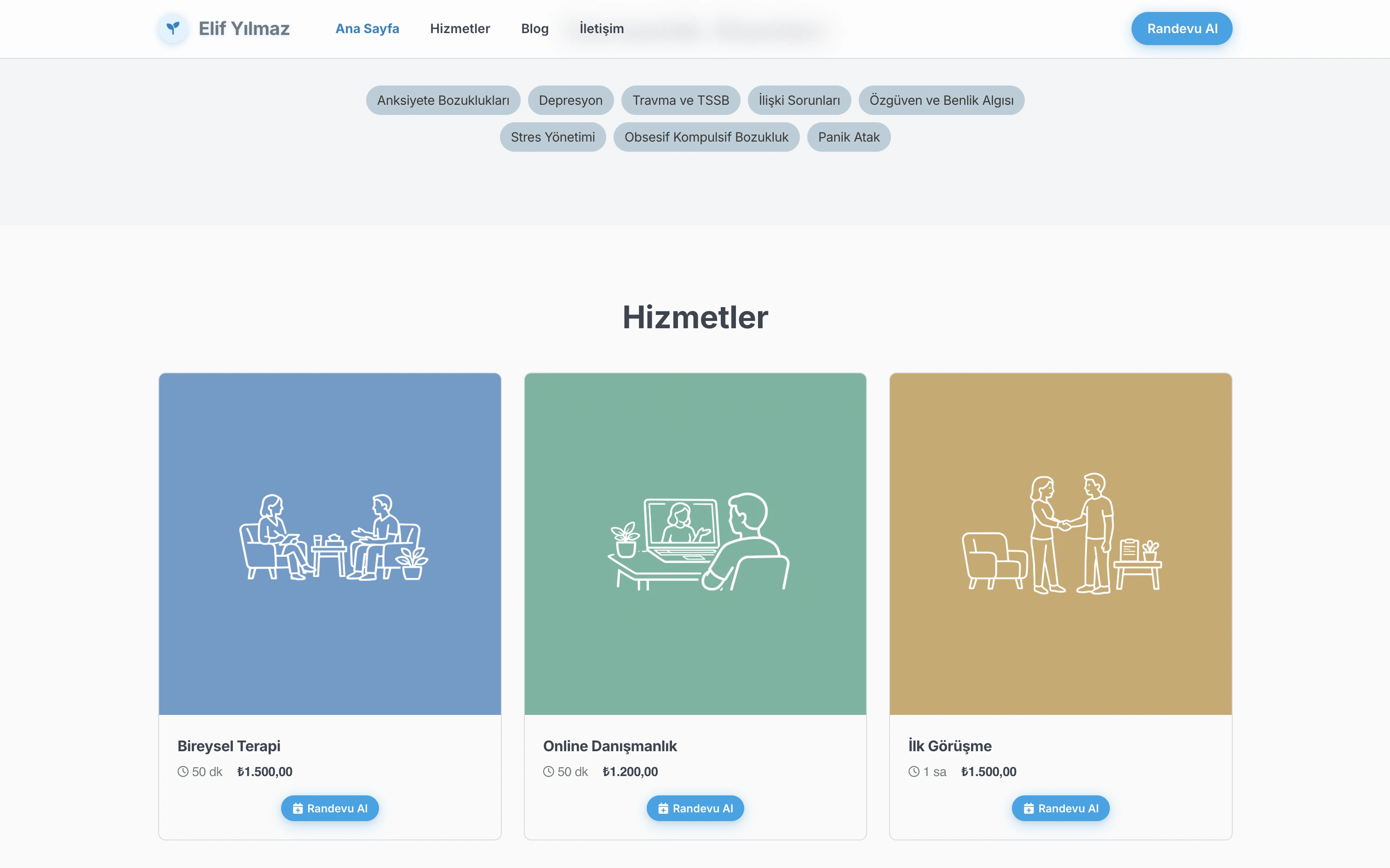 Elif terapist web sitesi — Modern stilde Hizmet Vitrini bölümü örneği