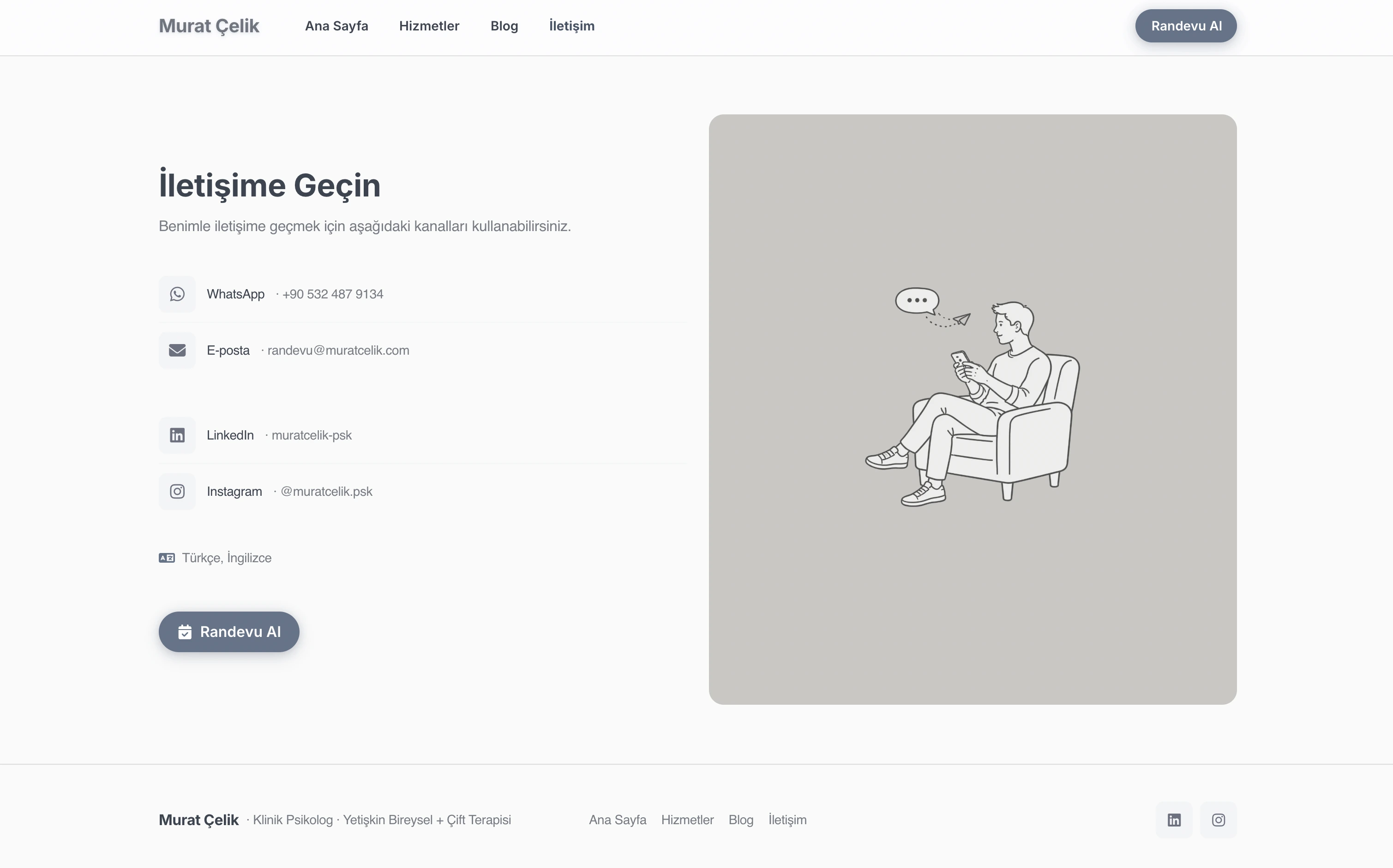 Murat terapist web sitesi — Klasik stilde İletişim Kanalları bölümü örneği