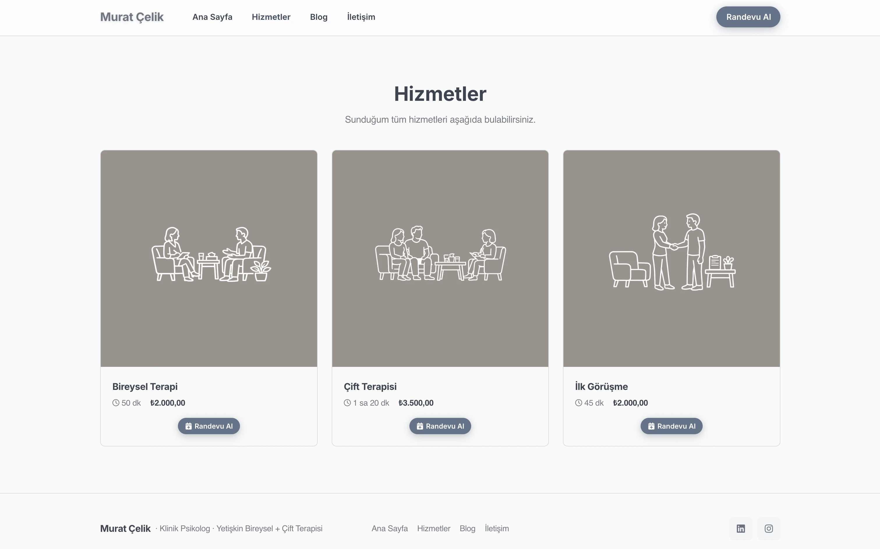 Murat terapist web sitesi — Klasik stilde Hizmet Vitrini bölümü örneği
