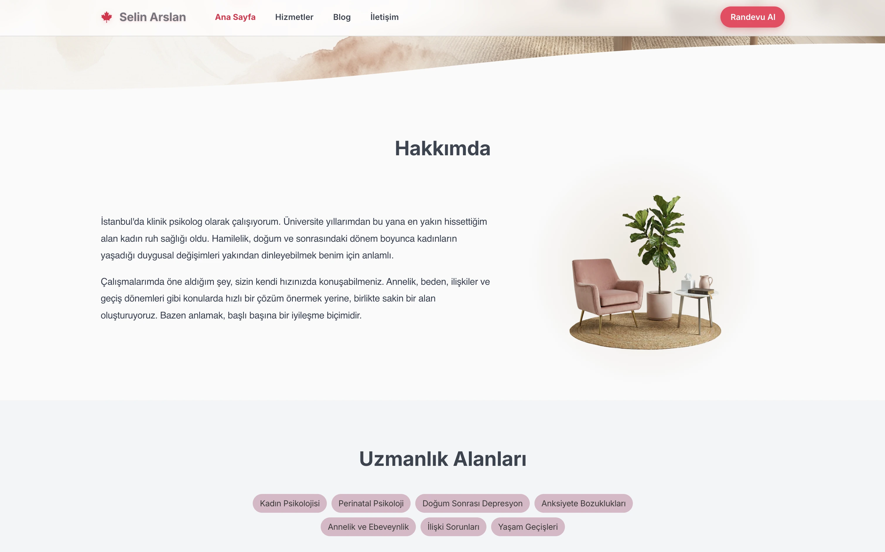 Selin terapist web sitesi — Pastel stilde Tanışma bölümü örneği