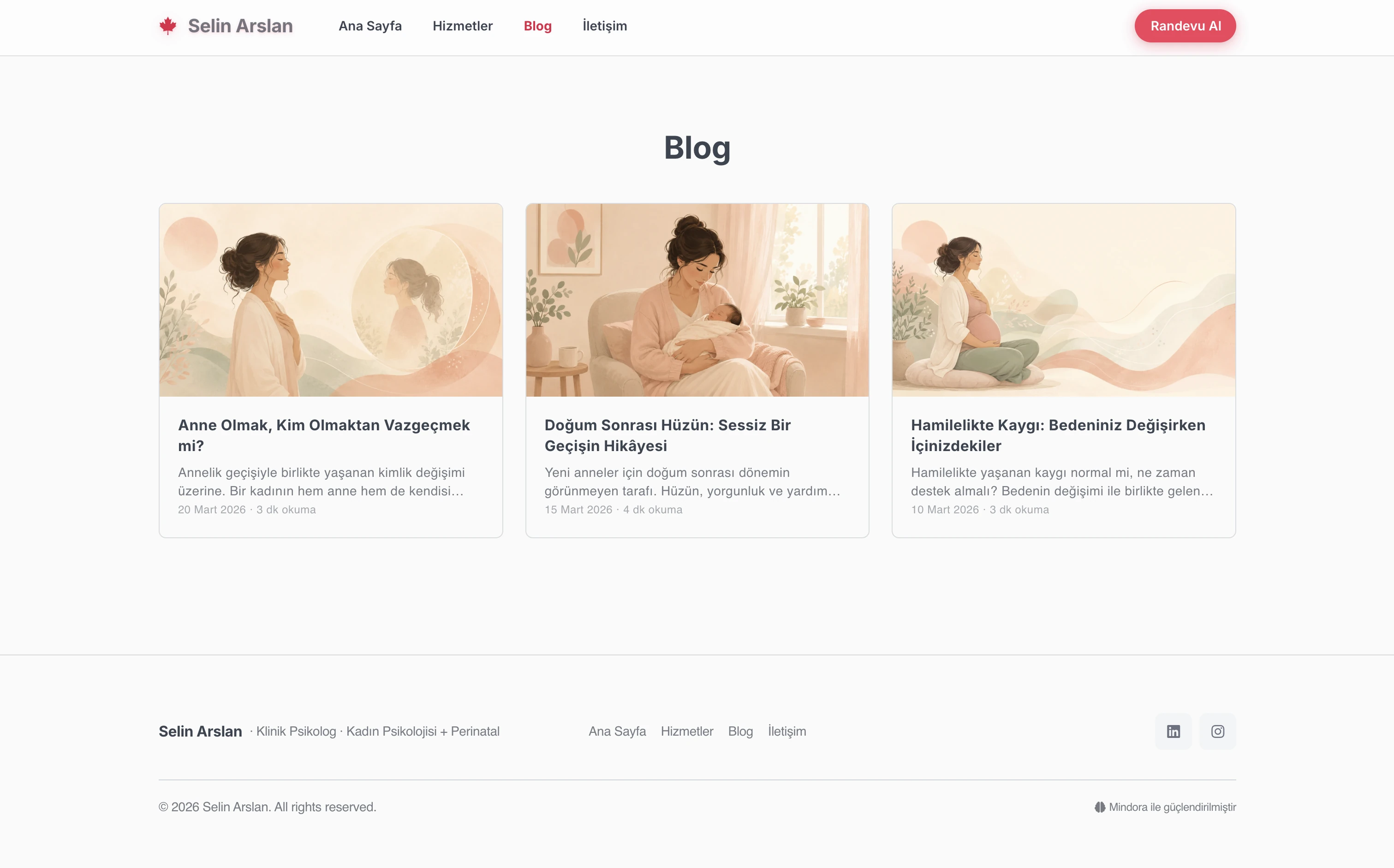 Selin terapist web sitesi — Pastel stilde İçerik Otoritesi bölümü örneği