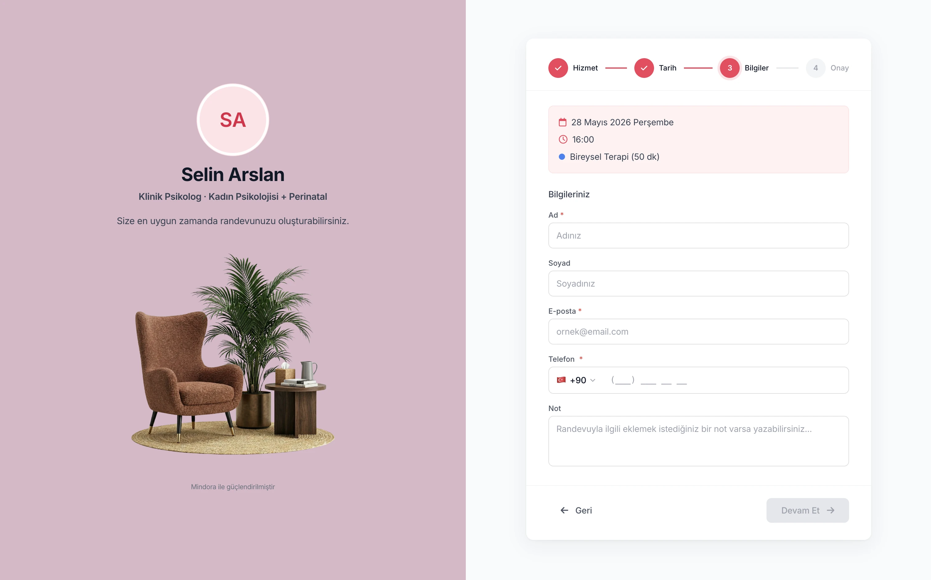 Selin terapist web sitesi — Pastel stilde Randevu Akışı bölümü örneği