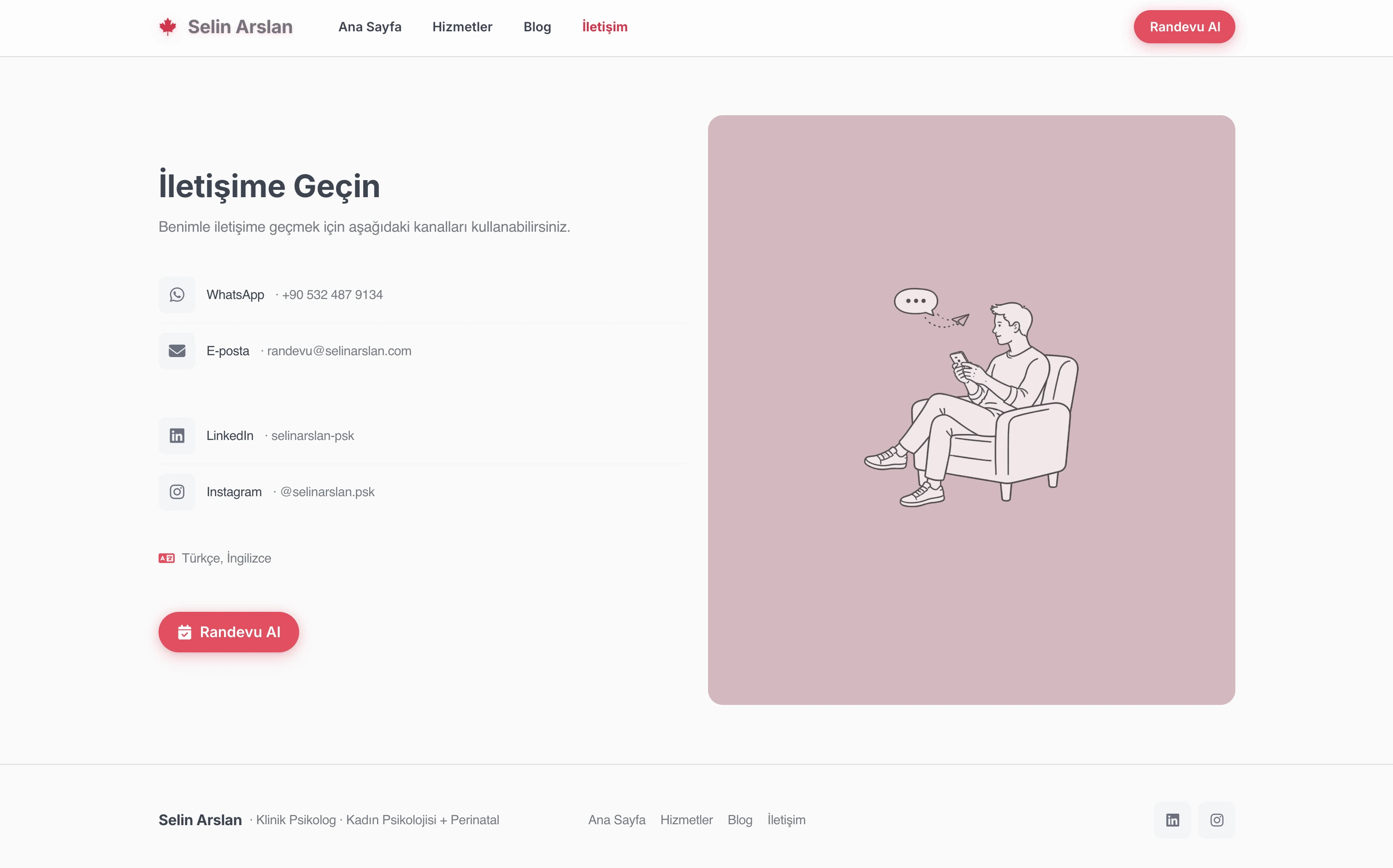 Selin terapist web sitesi — Pastel stilde İletişim Kanalları bölümü örneği