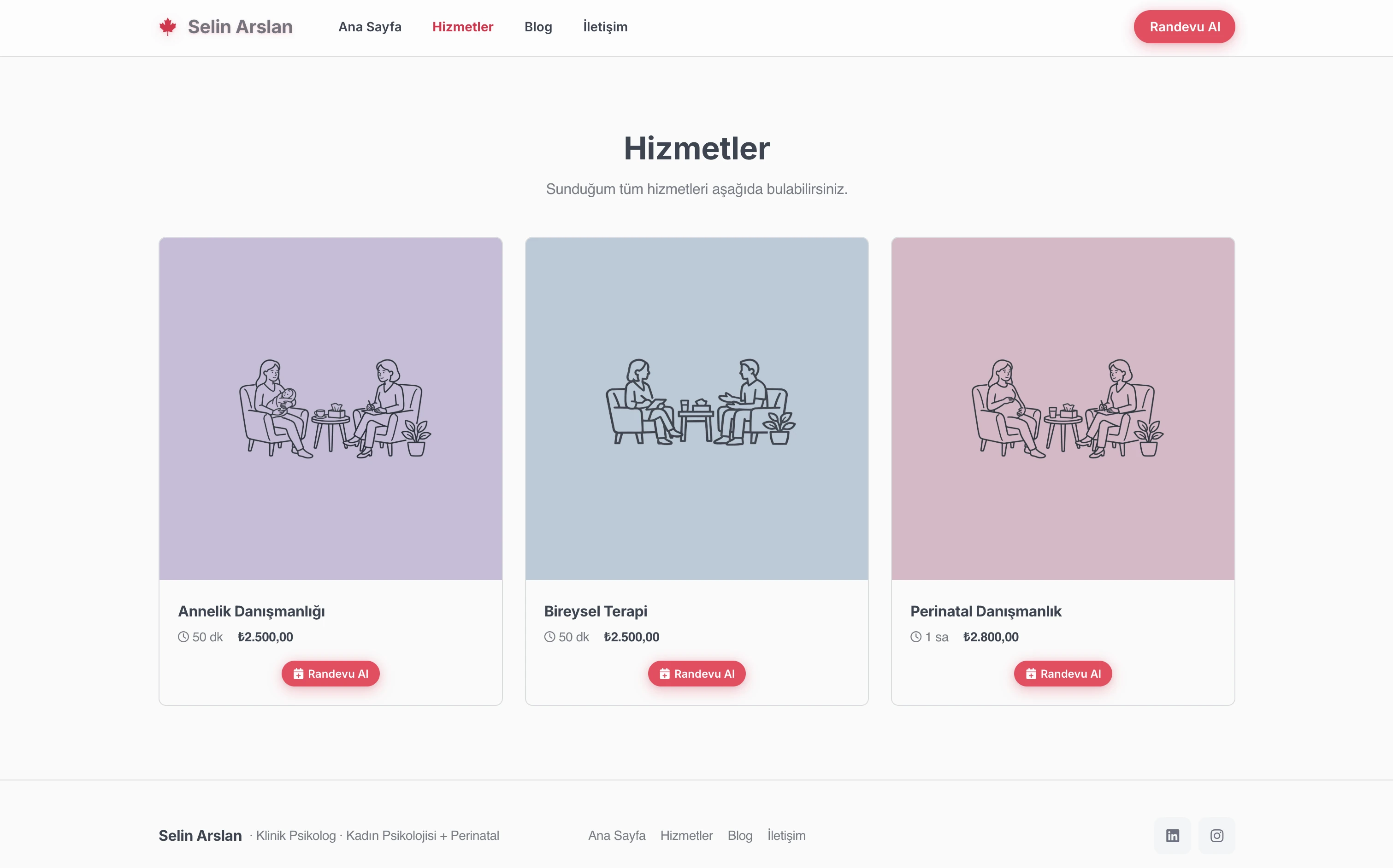 Selin terapist web sitesi — Pastel stilde Hizmet Vitrini bölümü örneği